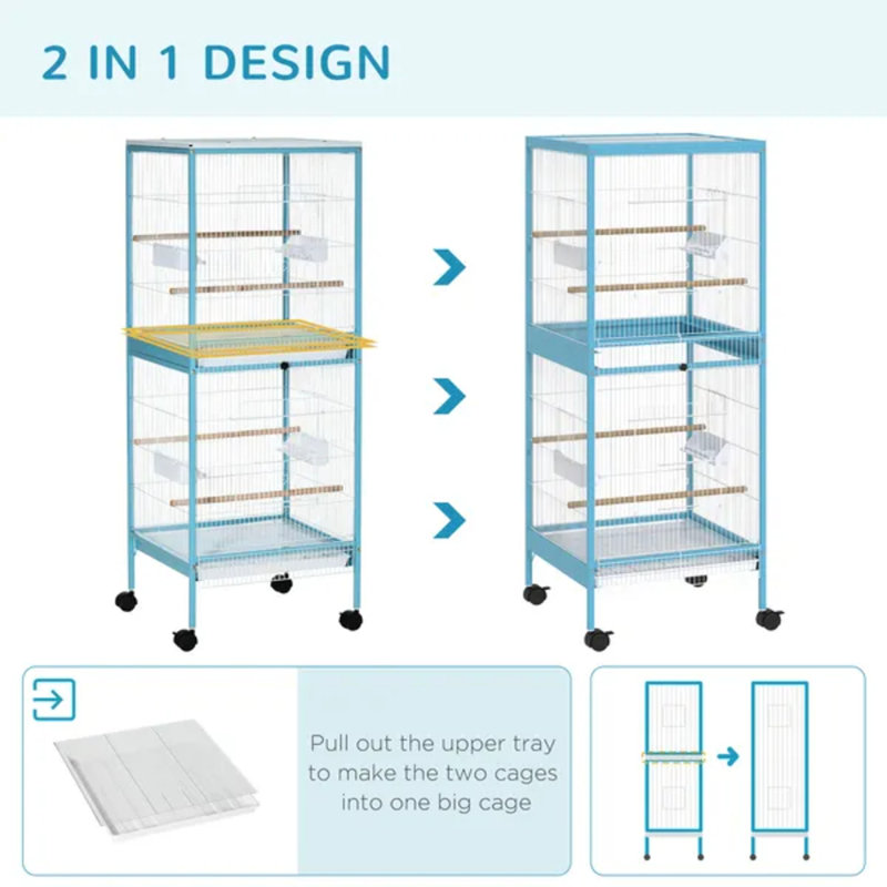 55" Blue 2 in 1 Convertible Parrot Bird Cage with Rolling Wheels