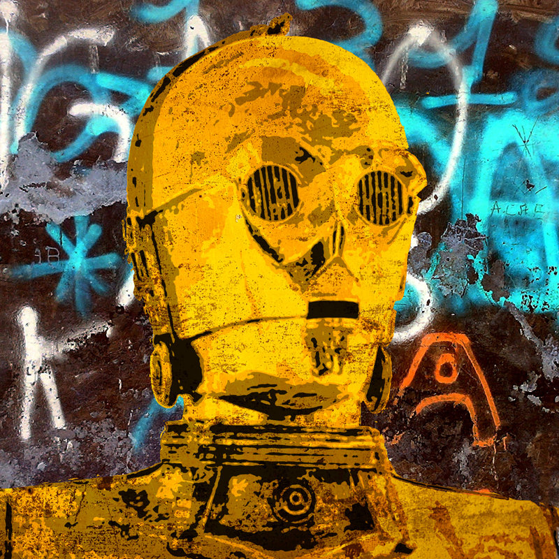 C 3PO par Stephen Chambers - peinture sur toile tendue, H 15 po x l 15 po x P 1,5 po