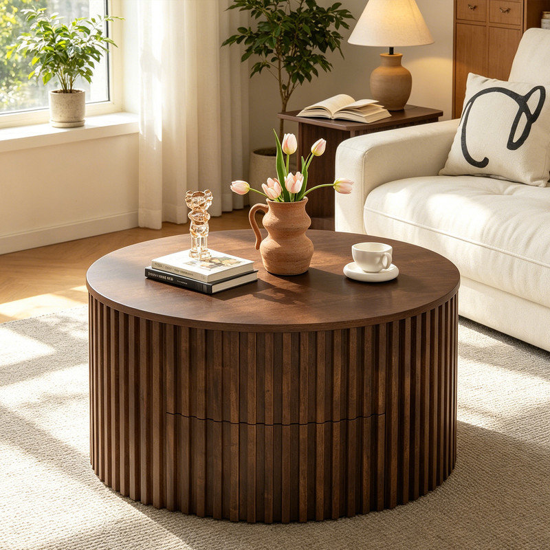 Round Accent Coffee Table, Fluted Wood Construction, Lift Top with Hidden Storage, Modern Furniture for Living Room