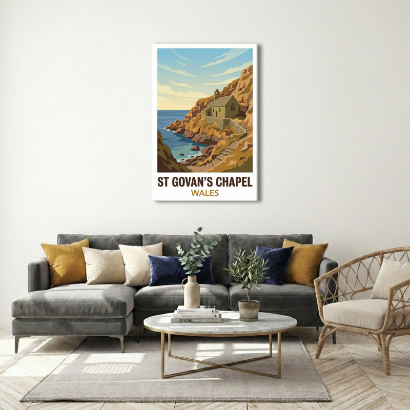 St Govan's Chapel, Wales - Cliff-side Romance Travel Poster. Giclee Print On Wrapped Canvas. Wall Art, Home Decor - Religious & Cultural Sites, Wales - Wrapped Canvas Print
