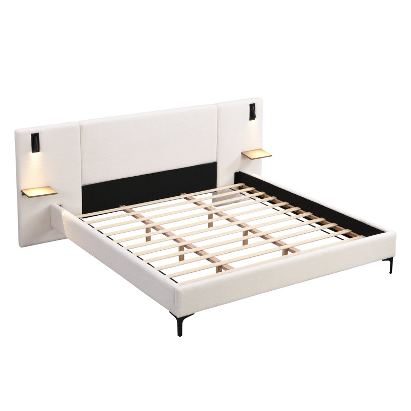 Lit tapissier Chic Boucle avec lumières et tablettes intégrées, blanc, très grand, Blanc, Très grand