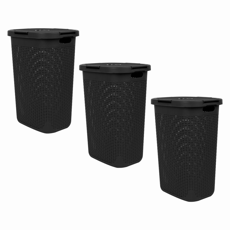  40L Slim Laundry Hamper, Clothes Basket, Lid, Wicker Design, Plastic, Set of 3, 24.15" H x 13.75" W x 17.65" D, Black
