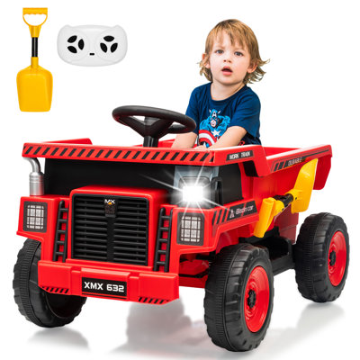 12V Kids Ride On Dump Truck with Remote Control, Electric Car Toy for Toddlers with Auto Dump Bed, Shovel, LED Lights and Bluetooth Music for Outdoor Play, Red