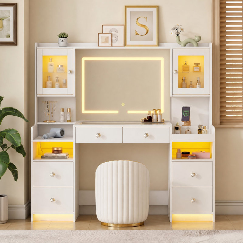 Leritan 62" Makeup Vanity Desk with Lighted Mirror, Tempered Glass Top, Power Outlet, 4 Drawers,  and RGB Lighted Cabinet