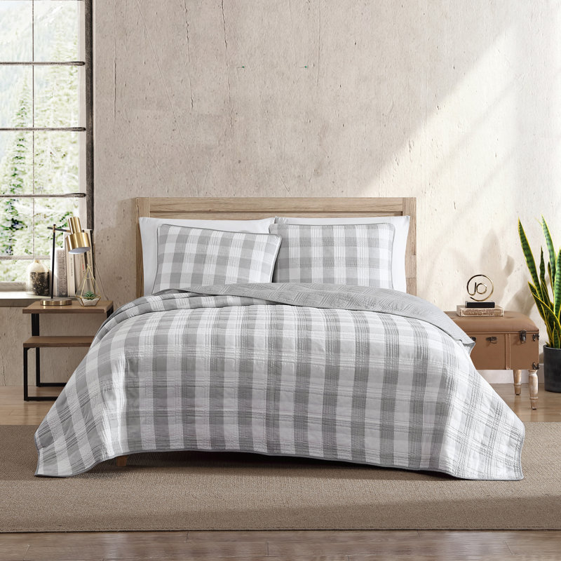 Ensemble de courtepointe réversible 100% coton Cooper, Courtepointe pour lit simple + 1 taie décorative , Gris clair
