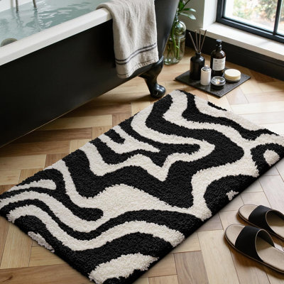 Tapis de bain antidérapant à motif zèbre, noir et blanc, 61 x 109 cm, en microfibre ultra douce, absorbante, à séchage rapide et lavable. Idéal pour le plancher de la salle de bain, la douche, le lavabo, la baignoire et le linge.