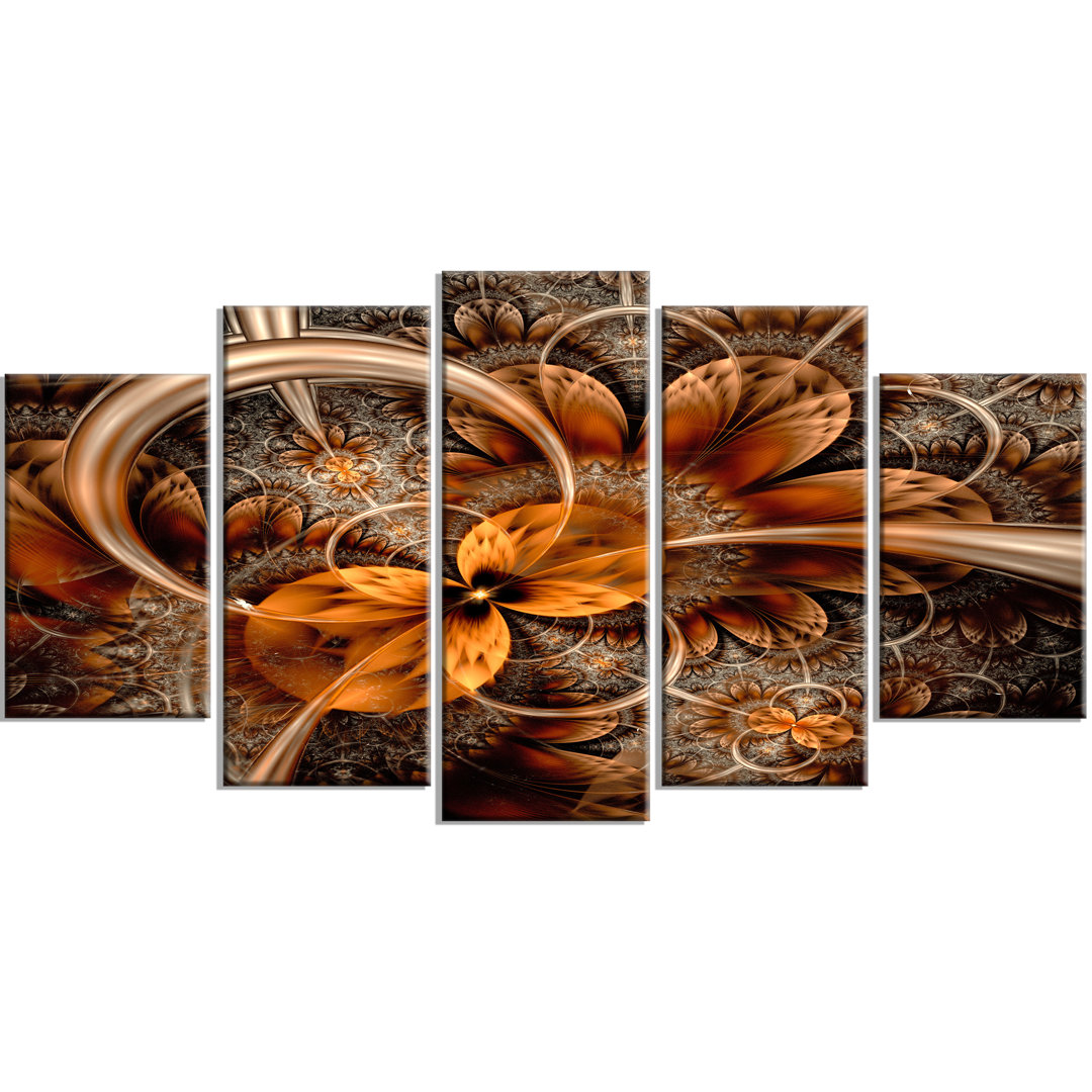 " Dark Orange Fractal Flower " 5 - Pieces Design Art