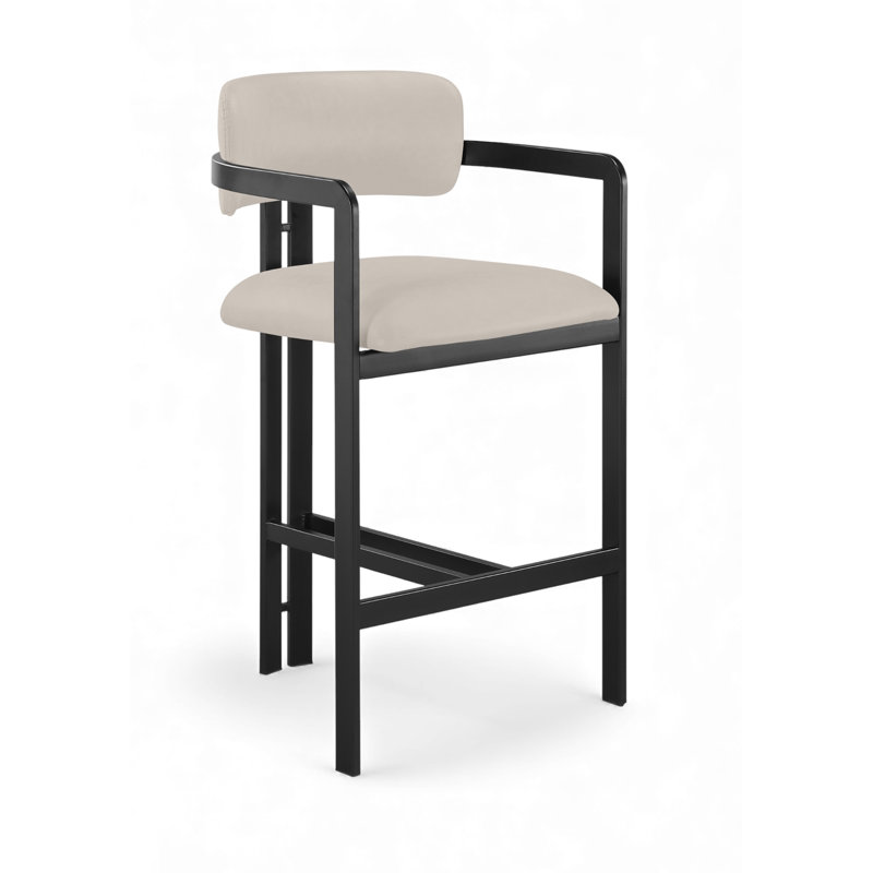 Tabouret de comptoir Asenath, Noir mat, Cuir taupe végétalien