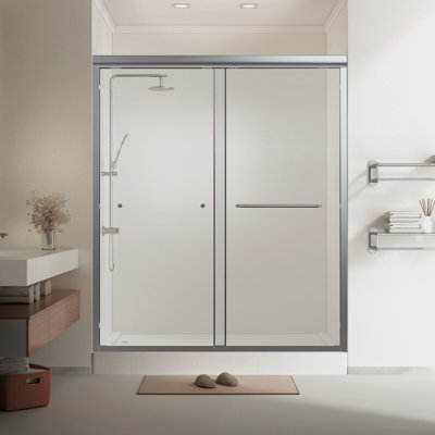 Porte de douche coulissante semi-encadrée de 56 po à l 60 po x H 70 po, double dérivation, verre trempé de 1/4 po de style GSC, chrome