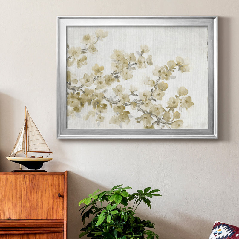 «Neutral Cherry Blossom Composition II», peinture sur toile encadrée, Cadre argenté, H 30,5 po x l 42,5 po x P 1 po