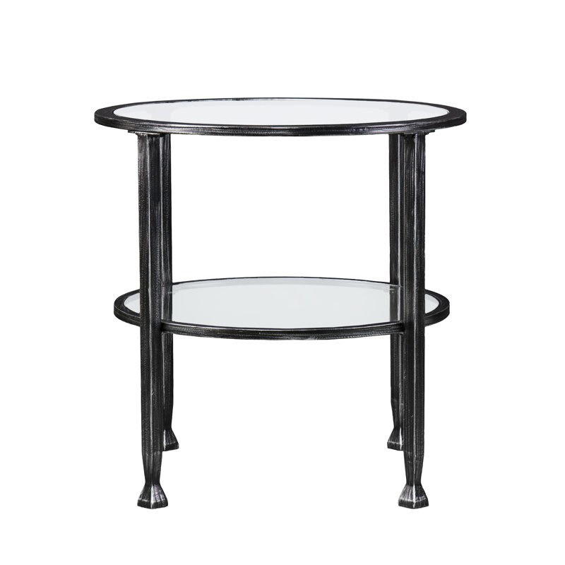 Jordyan 24" Glass And Distressed Iron Round End Table With Shelf, Black