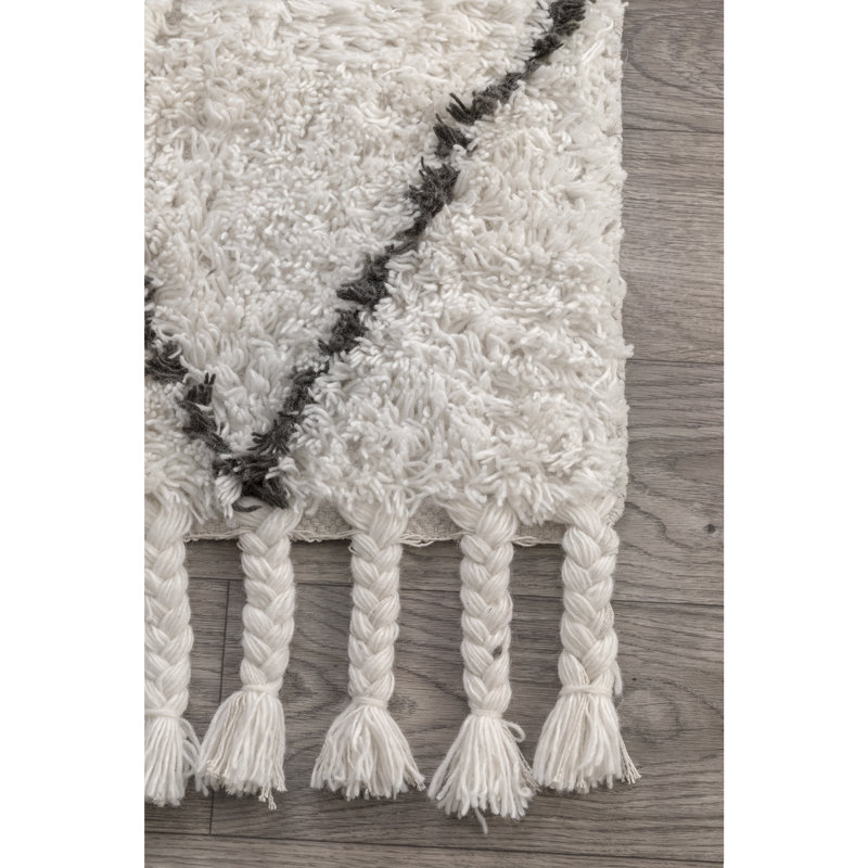 Twinar Geometric Hand Knotted Wool Off White/Dark Gray Shag Area Rug, Runner 2'8" x 6'