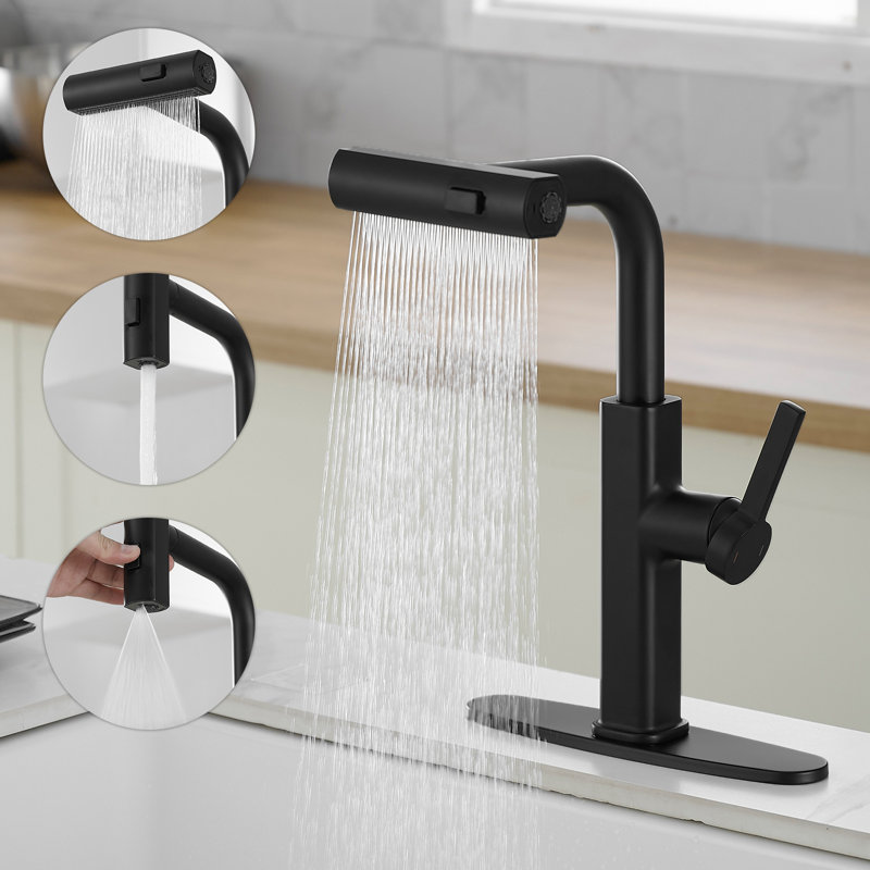 Robinet de cuisine noir mat moderne avec bec cascade et levier pivotant à 360 degrés