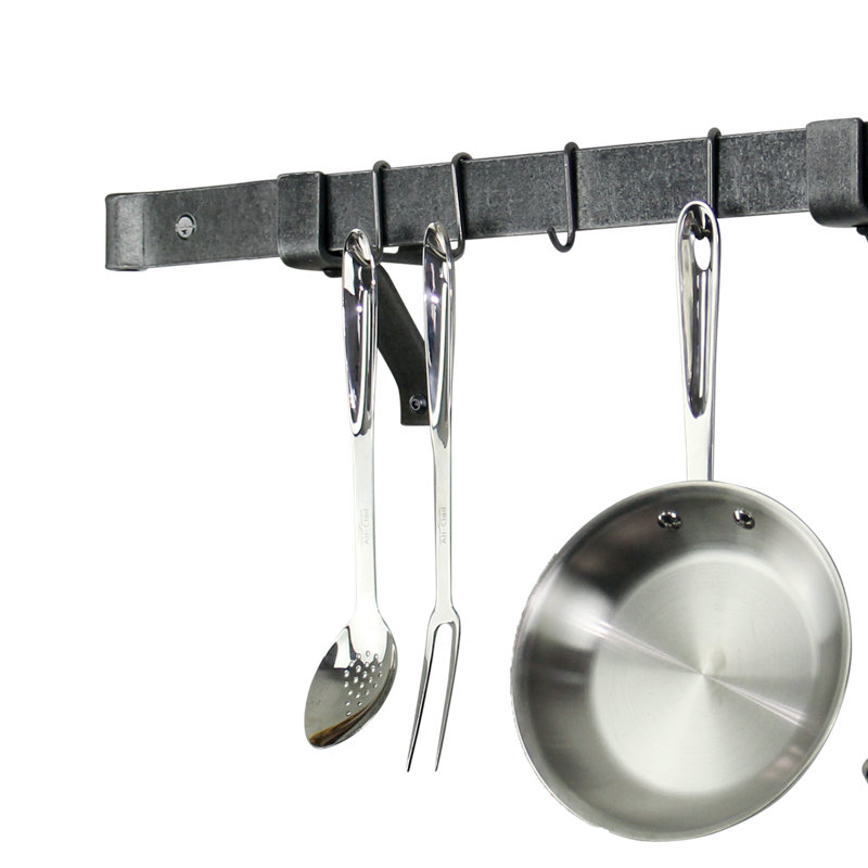 Rolled End Bar Handcrafted Wall Bracket Pot Rack, 4.75" H x 36" W x 6.25", Hammered Steel