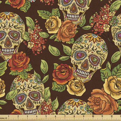 Gaughan Autumn Coloured Flowers and Leaves in Smily Head Bones Fabric