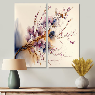 Rose et prune, branche de cerisier en fleurs III - art mural grande fleur de cerisier 2 pièces
