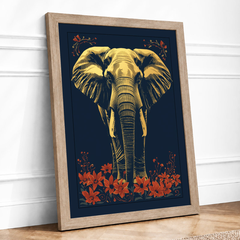 Golden Elephant Art Deco - Framed Print, A2 - 59.4 x 42.0 cm, Oak