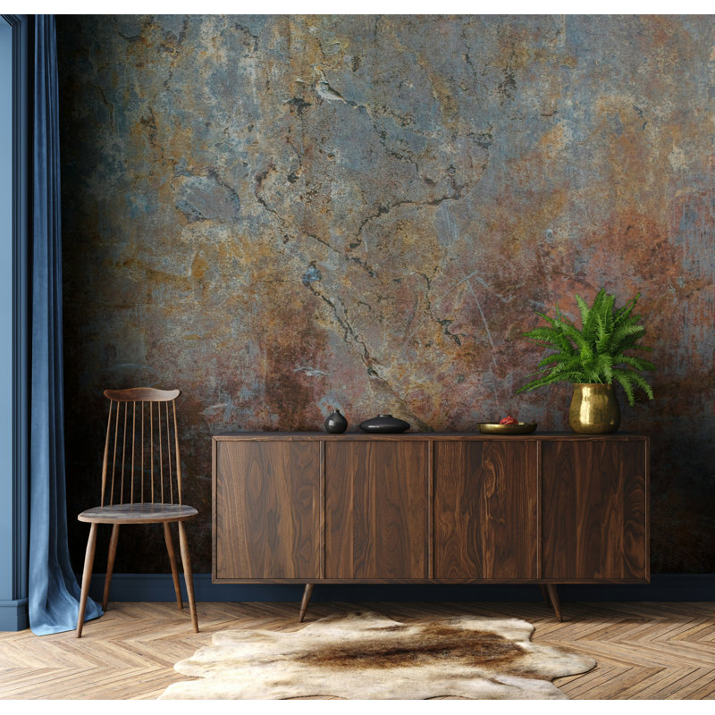 Rust Blue Weathered Plaster Texture Wallpaper, 75" L x 112" W