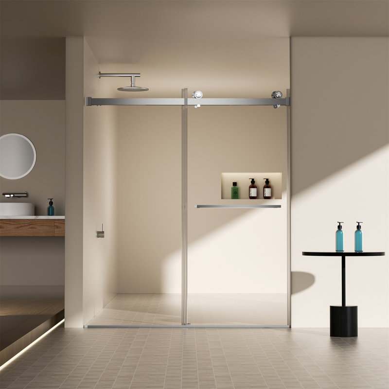 Porte de douche coulissante double sans cadre l 56 à 60 po x H 70 po, verre trempé clair de 5/16 po (8 mm) de large épaisseur avec couche de finition facile à nettoyer avec finition tampon