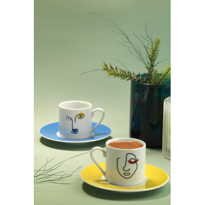 Ensemble de tasses à café élégantes (4 pièces), 100% porcelaine, 2 tasses (2,4 x 2,4 x 2,0 pouces, 3,1 oz liq.) Et 2 soucoupes (4,7 x 4,7 x 0,8 pouces) | Va au lave-vaisselle et au micro-ondes | Parfait pour la maison et le bureau