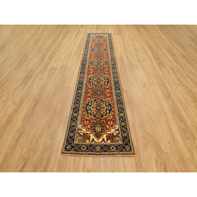 Tapis de couloir oriental 2 pi 6 po x 12 pi 2 po en laine organique rouge Heriz Re-création noué à la main 6D134931BCE940E38080E996C49CA1E9