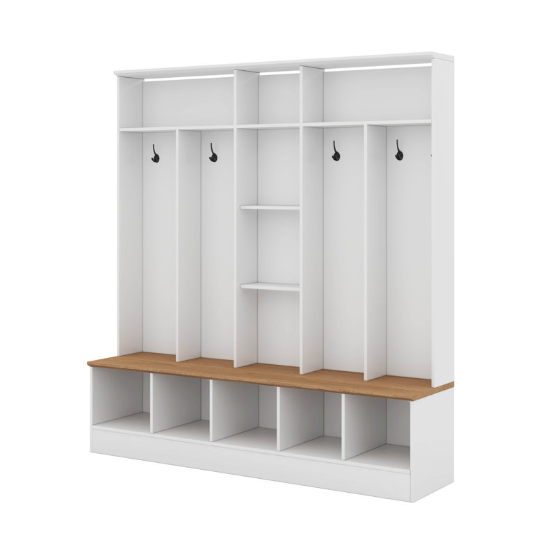 Wide Design Hall Tree With Storage Bench, Minimalist Shoe Cabinet With Cube Storage & Shelves, White
