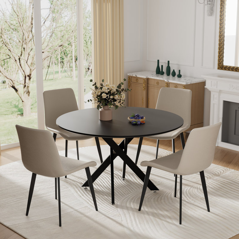5 Piece Round Pedestal Dining Set, Black, 29.6"H x 36"L x 36"W, White