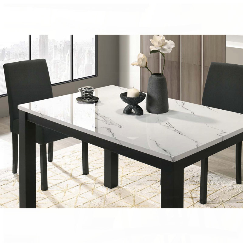 Table de salle à manger contemporaine en faux marbre avec plateau blanc, finition noire, 47,2 po x 29,5 po, Blanc/Noir