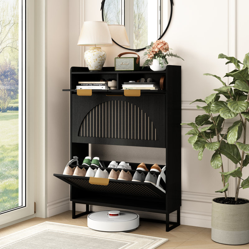 16 Pair Shoe Storage Cabinet with 2 Flip Drawers & 2 Storage Drawers Arched Fluted Design, Black