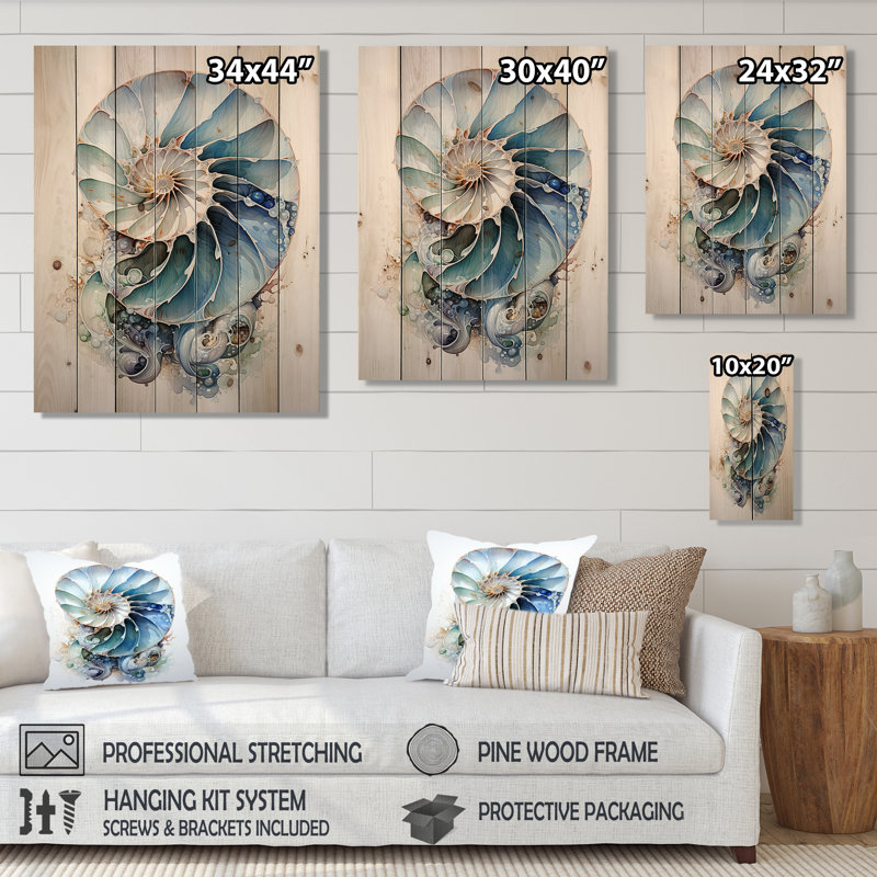 «Nautilus Ocean Blue Sheels Symetry», reproduction d'animaux sur bois de pin naturel, H 32 po x l 24 po x P 0,78 po