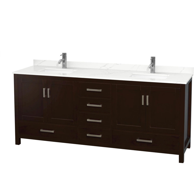 Meuble-lavabo double autoportant 80 po avec plateau en quartz Sheffield, Brun, Quartz Giotto