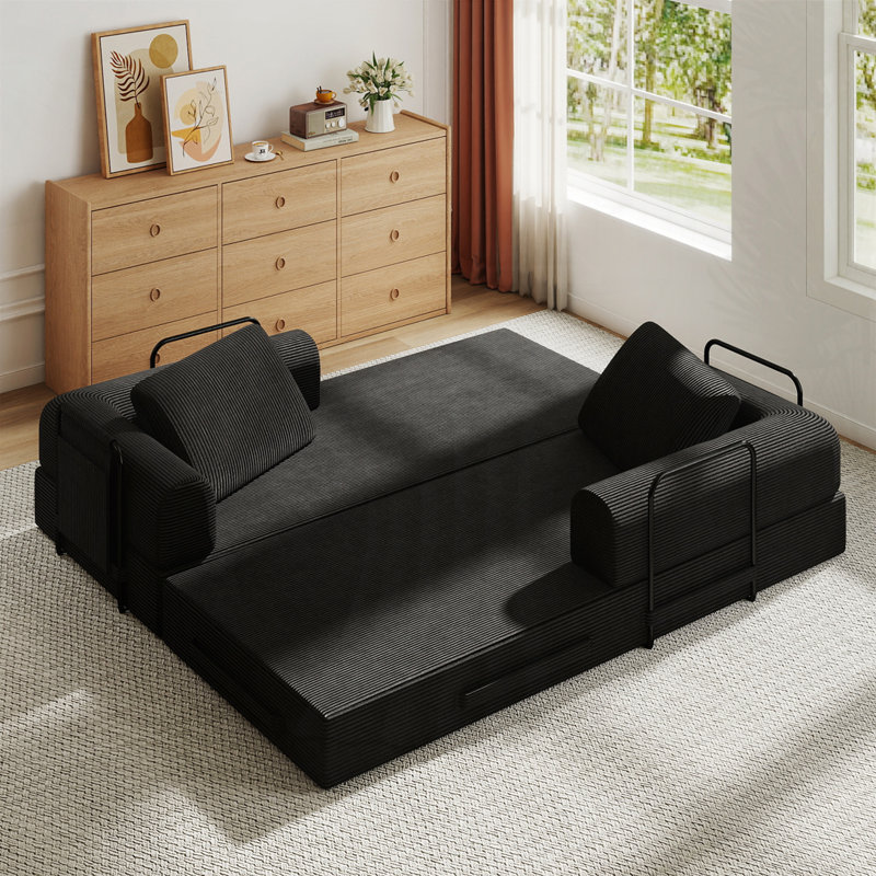 Canapé-lit convertible en velours côtelé avec coussin cylindrique Corduroy, Noir