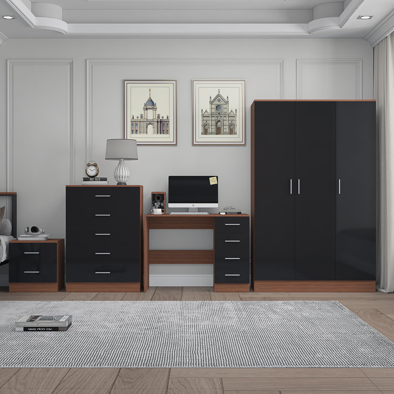 Eva Piece Bedroom Set, Black Gloss / Walnut