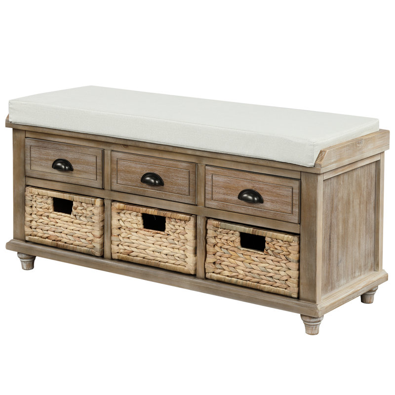 Javier Acacia Wood Upholstered Storage Bench with 3 Drawers and 3 Woven Baskets for Entryways, Bedrooms, or Living Spaces