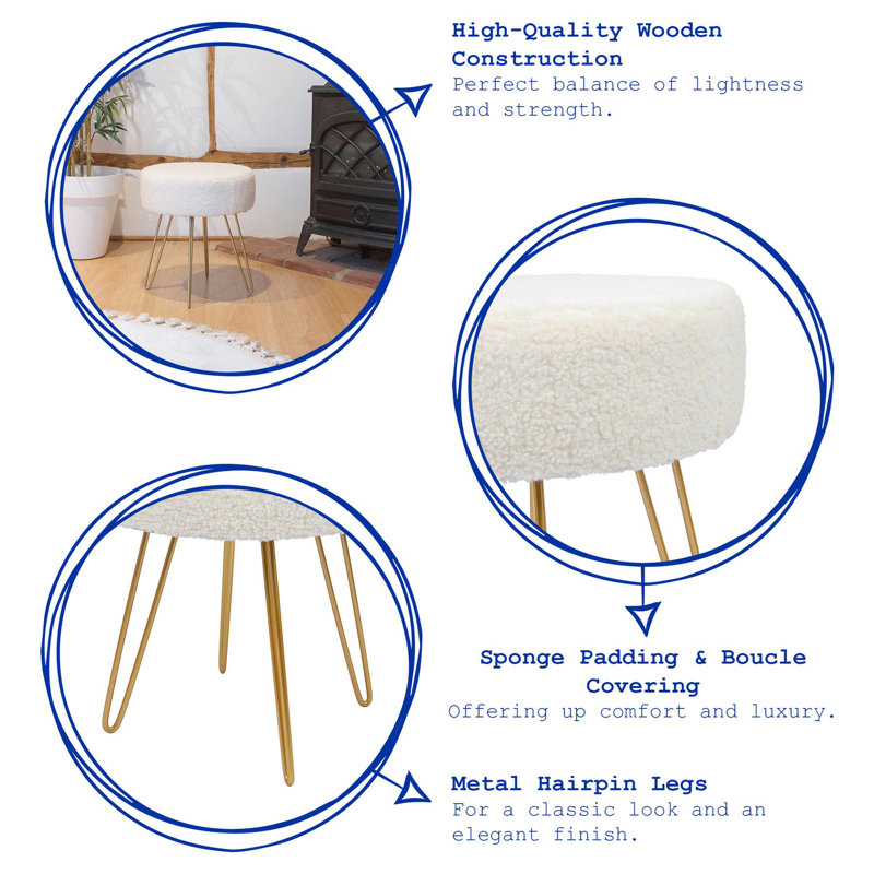 Harbour Housewares Round Boucle Footstools - Cream - Pack of 2, Gold