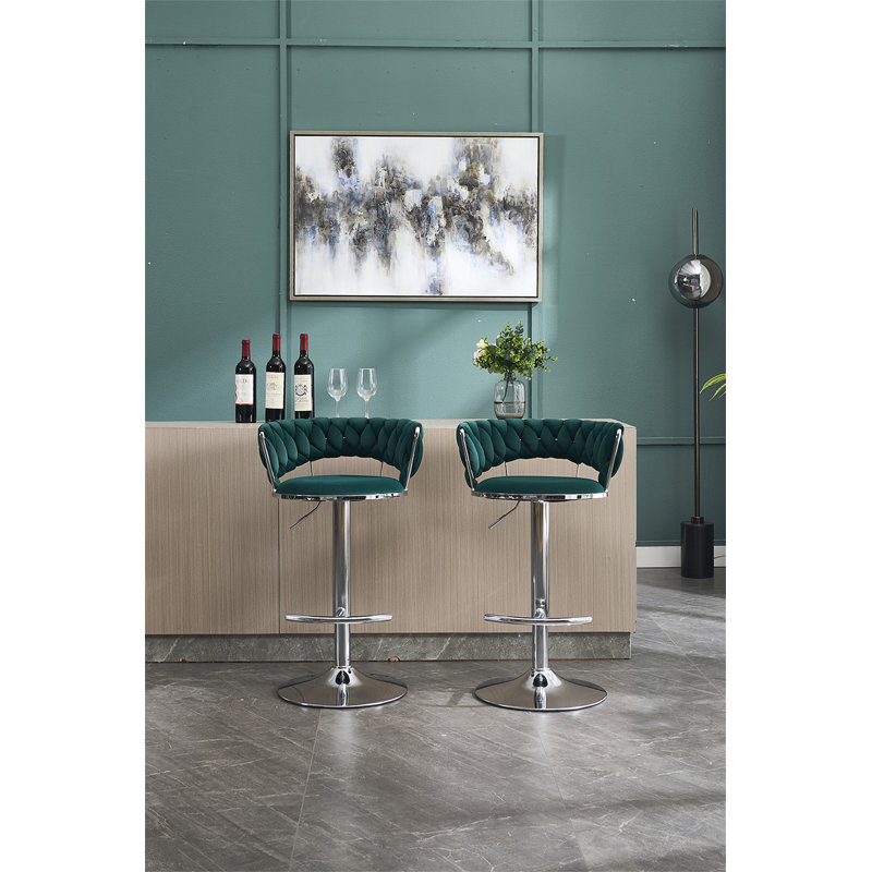 Set Of 2 Bar Stools,With Chrome Footrest And Base Swivel Height Adjustable Mechanical Lifting Velvet + Chrome  Leg Simple Bar Stool
