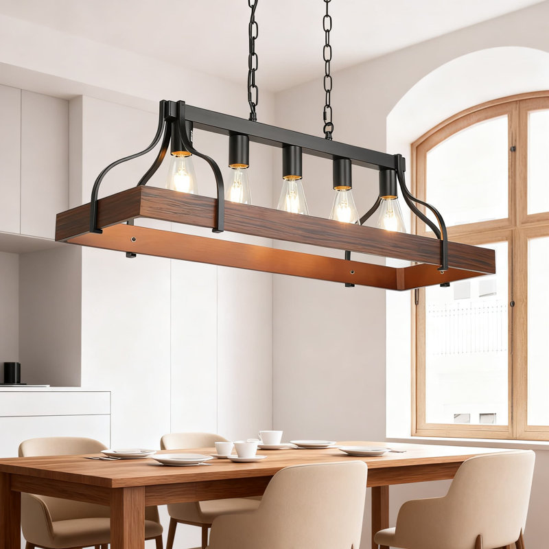 Lustre de ferme à 5 lumières avec finition grain de bois rustique, lumière linéaire en métal noir pour îlot de cuisine et salle à manger, L 33,5 po x l 10,6 po x H 47,2 po