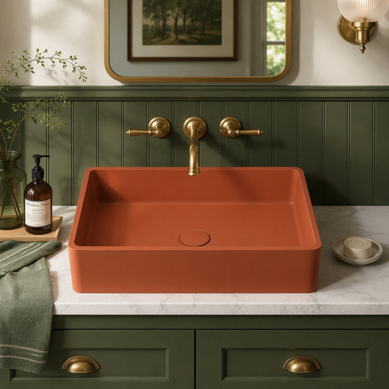19.68'' Concrete Vessel Rectangular Modern Brick Red Bathroom Sink