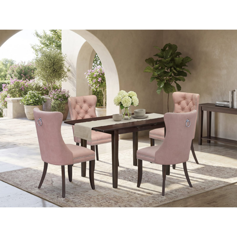 E52717BD2F8C4EDB93AAF177705AFDF4 5 Piece Dining Set Consists of a Rectangle Wooden Table with Removable leaf and 4 Upholstered Chairs, Mahogany
