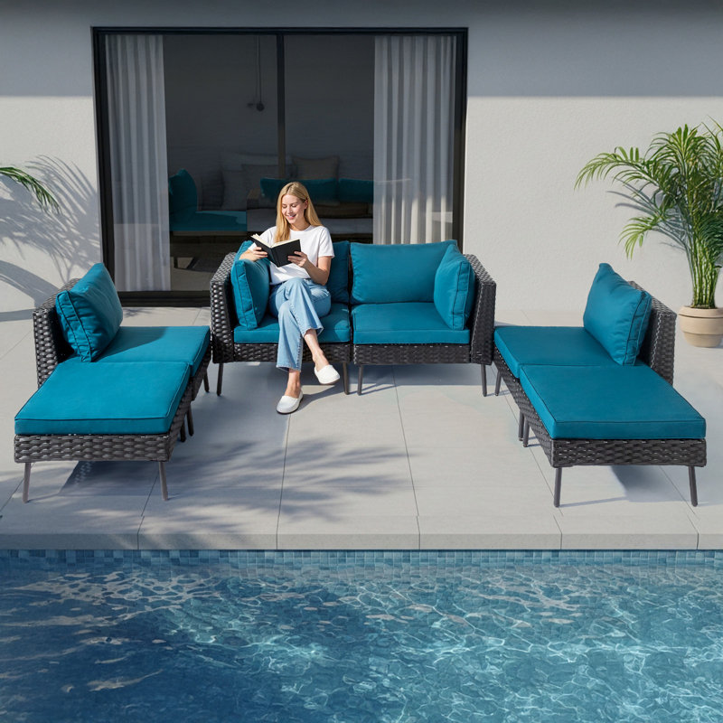 Canapé modulaire de patio en osier noir 6 pièces avec coussins vert malachite, Noir, Vert malachite