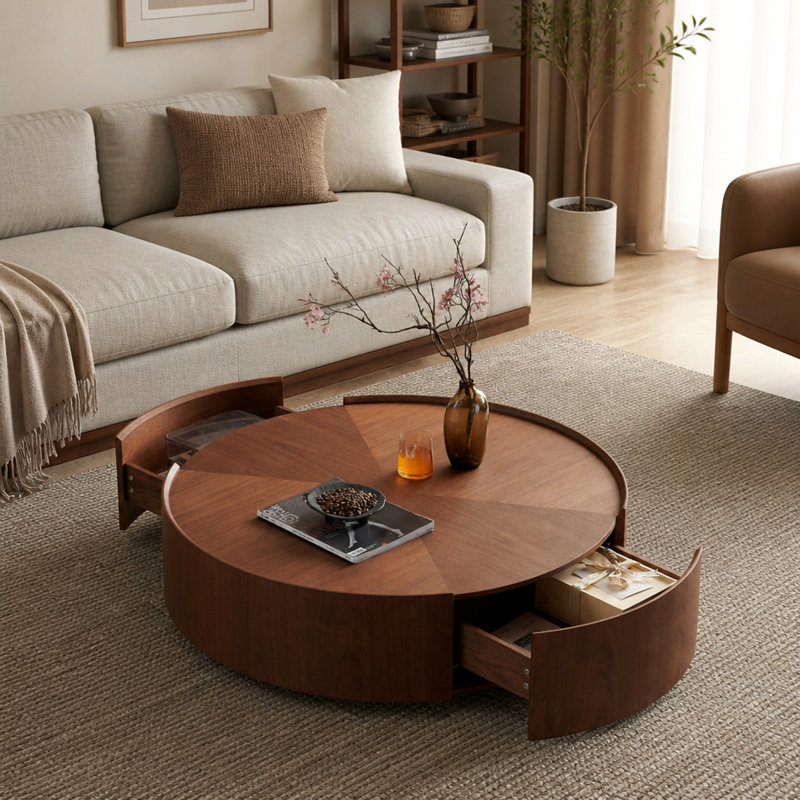Table basse circulaire fabriquée à la main avec base en bois de noyer et en fer