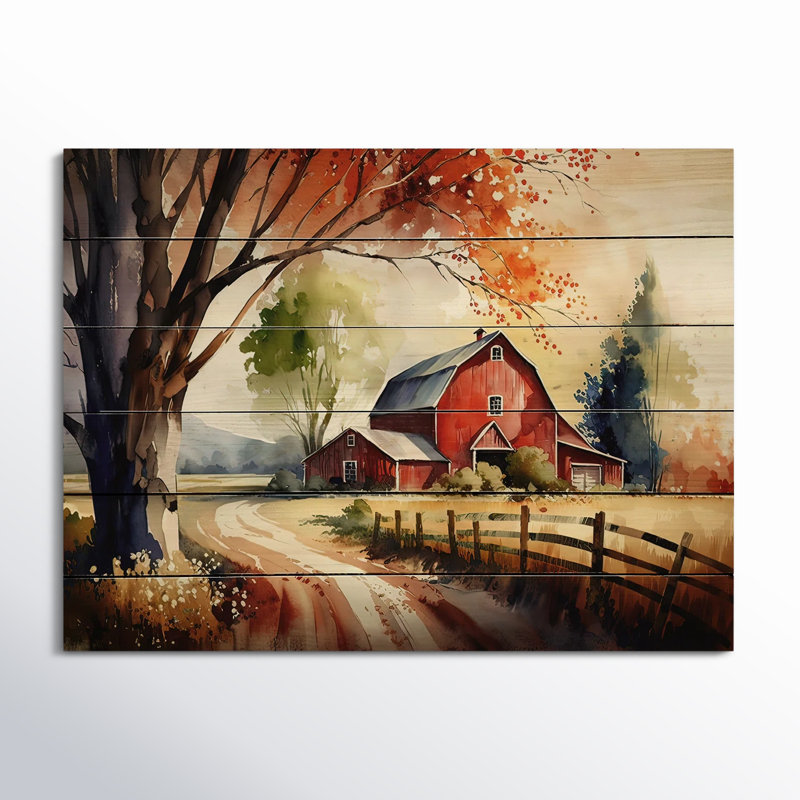 Calm Red Barn in Spring VI - Décoration murale en bois champêtre, H 30 po x l 40 po x P 1,5 po