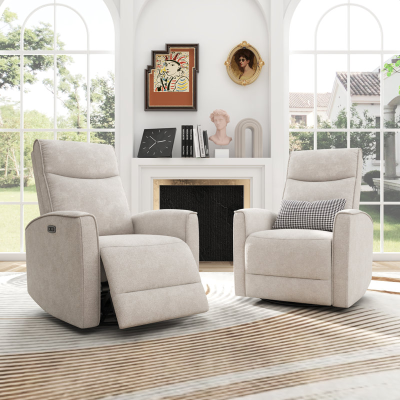 Naela 29.1'' Wide Modern and Soft Upholstered Swivel and Rocker Power Recliner (Set of 2), Beige Polyester Blend