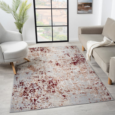 Rust/Grey Industrial Distressed Abstract Machine Washable Rug