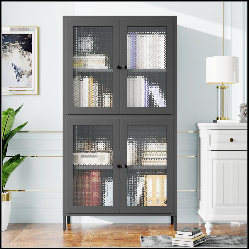 Armoire de rangement classique en métal avec 4 portes en verre et 4 tablettes réglables, verre trempé gaufré pour la présentation et l'organisation