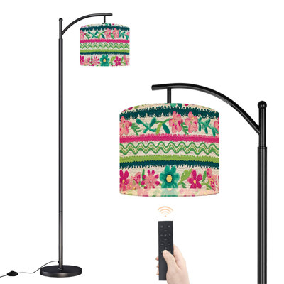 Arc Floor Lamp with Adjustable Lampshade Colorful Folk vintage Floral Standing Lamp 3 Color Temperatures Dimmable Tall Pole Lamp with Foot Switch for Bedroom