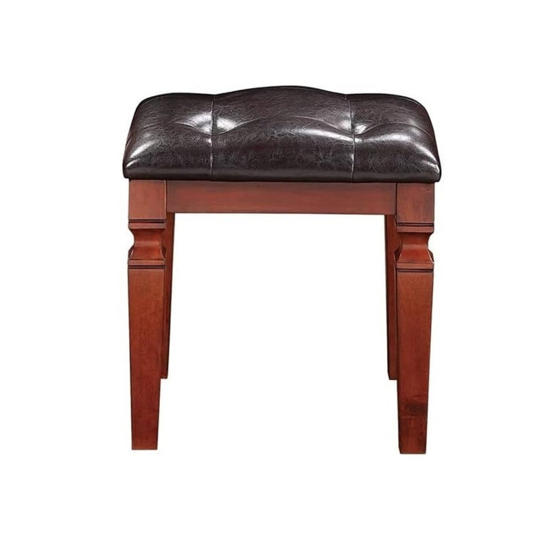 Meuble-lavabo traditionnel avec tabouret - Finition cerisier, espaces de rangement spacieux, coussin de siège confortable, bois d'hévéa et tons de pin, compartiments, siège élégant,