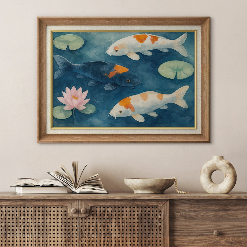 Œuvre encadrée de qualité supérieure - reproduction de poisson Koi rétro pour décor de salon - 26 po x 36 po, Naturel
