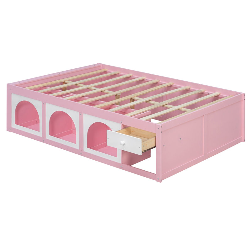 Lit plateforme en bois avec rangement, Lit double, Rose/Blanc