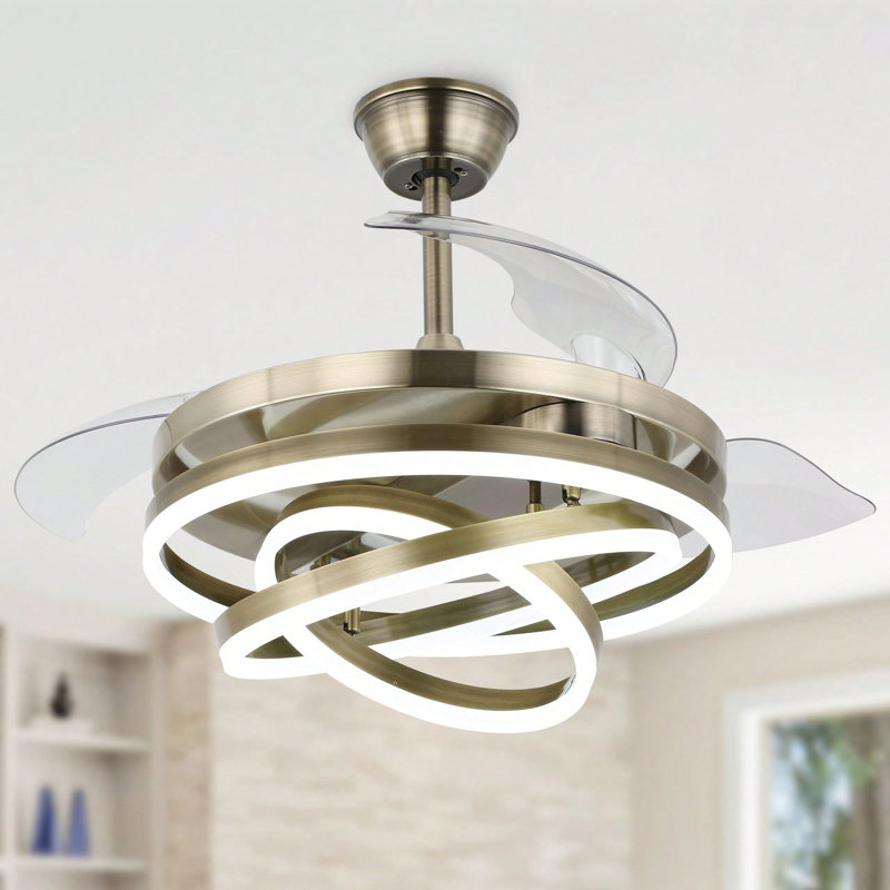 36 Inch Modern Retractable Chandelier Ceiling Fan With Lights And Remote, Silent DC Motor LED Dimmable DIY Shade Ceiling Fan